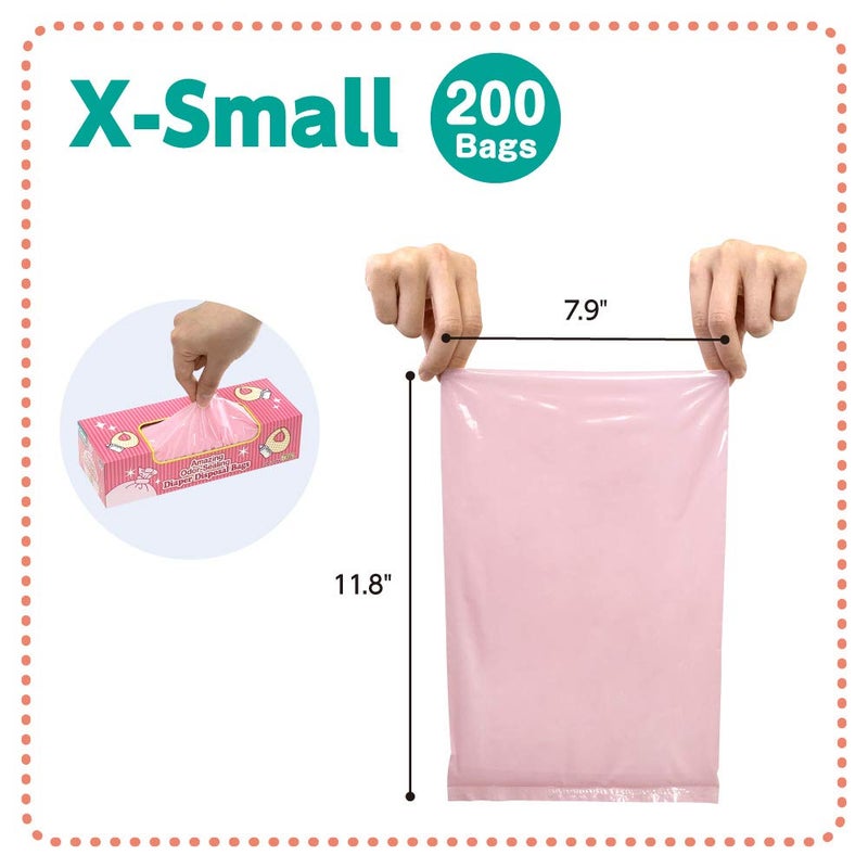 BOS Amazing Odor Sealing Baby Diaper Disposal Bags - Durable and Unscented [Size: XS, Color: Pink] (200 count, Pack of 1) (200 Bags) - Image 2